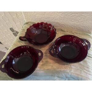 Set of 3 ANCHOR HOCKING Depression Glass Ruby red bowls oyster and pearl